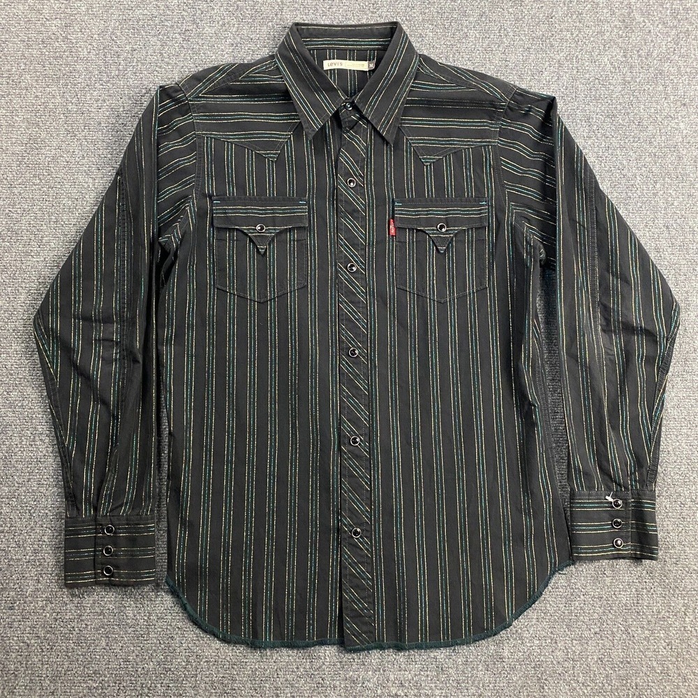 Vintage Levi's Shirt Men's Medium Black Striped Pearl Snap Western‎ Cotton